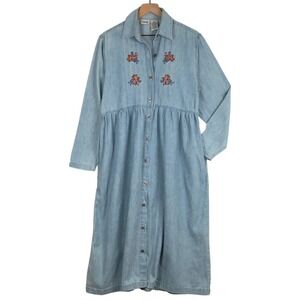 VTG CAPACITY Embroidered Denim‎ Midi Shirt Dress Sz M Button Front Cottage 90s